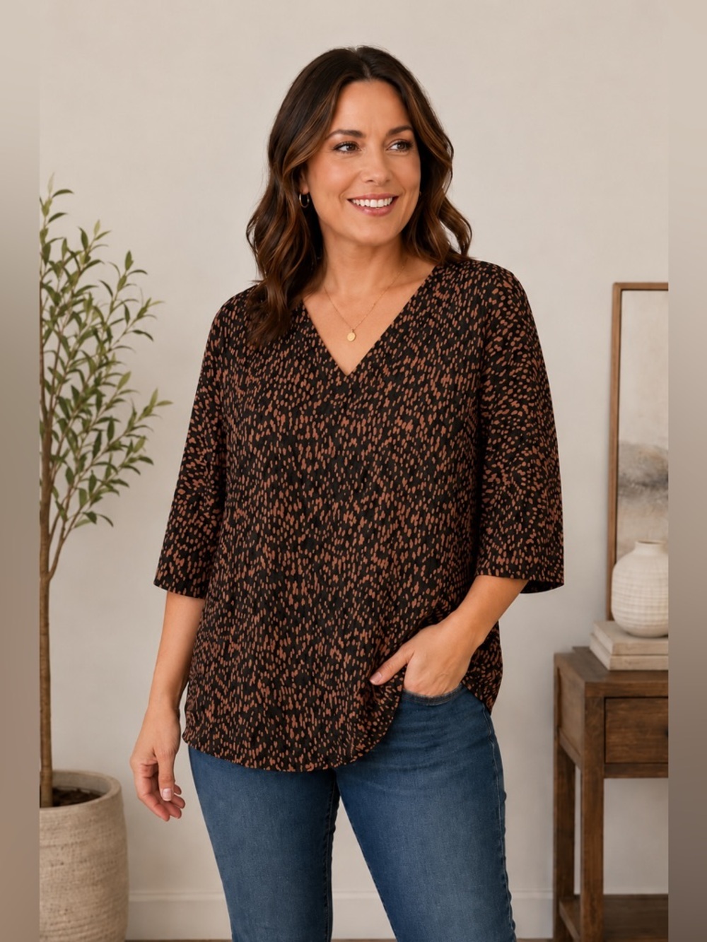 Mittoshop Popover Blouse V Neck Elbow Sleeve Oversized Black and Brown Size S